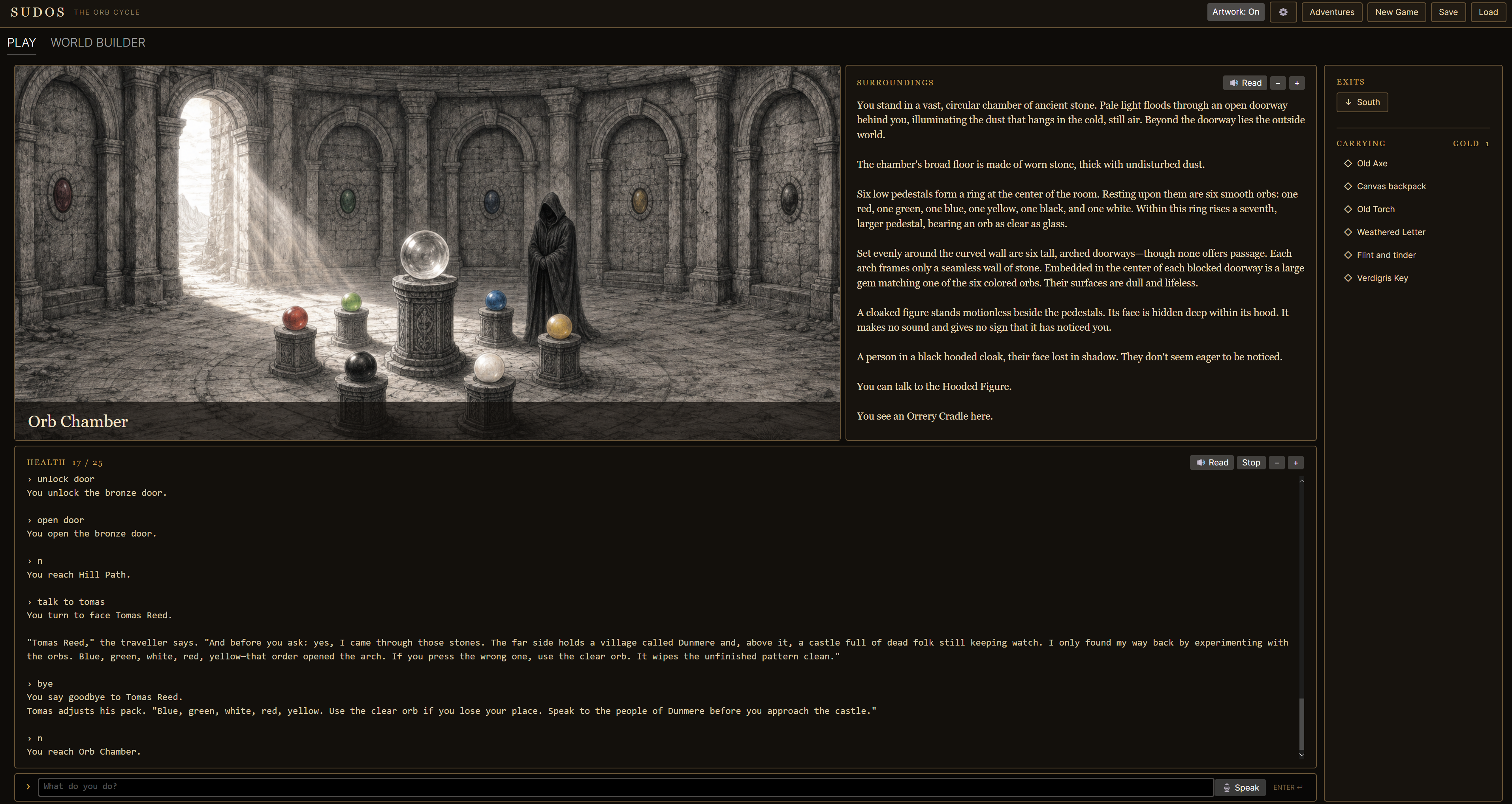 The real Sudos play screen in the Orb Chamber, with artwork, surroundings, command history and inventory