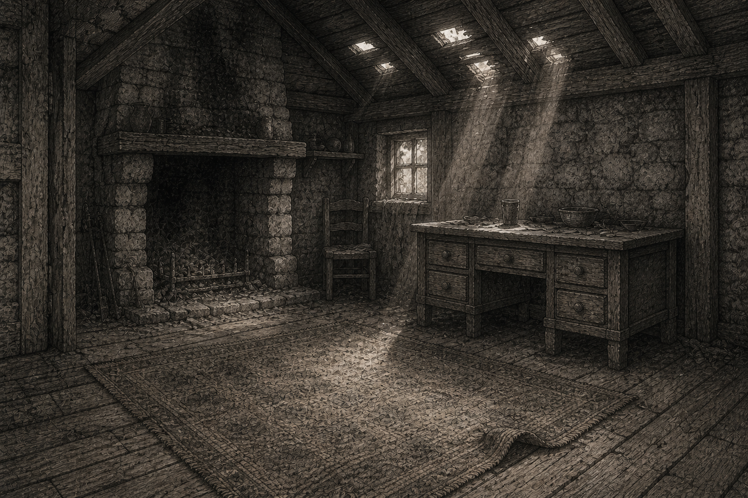 An abandoned cottage room filled with objects and clues
