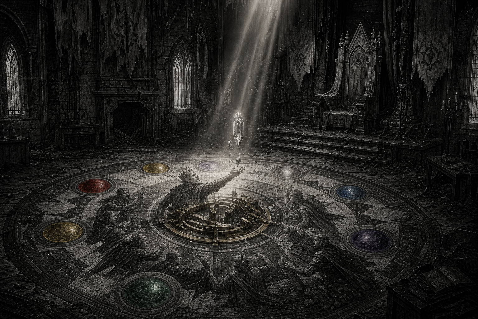 A ruined throne room encircled by coloured orbs