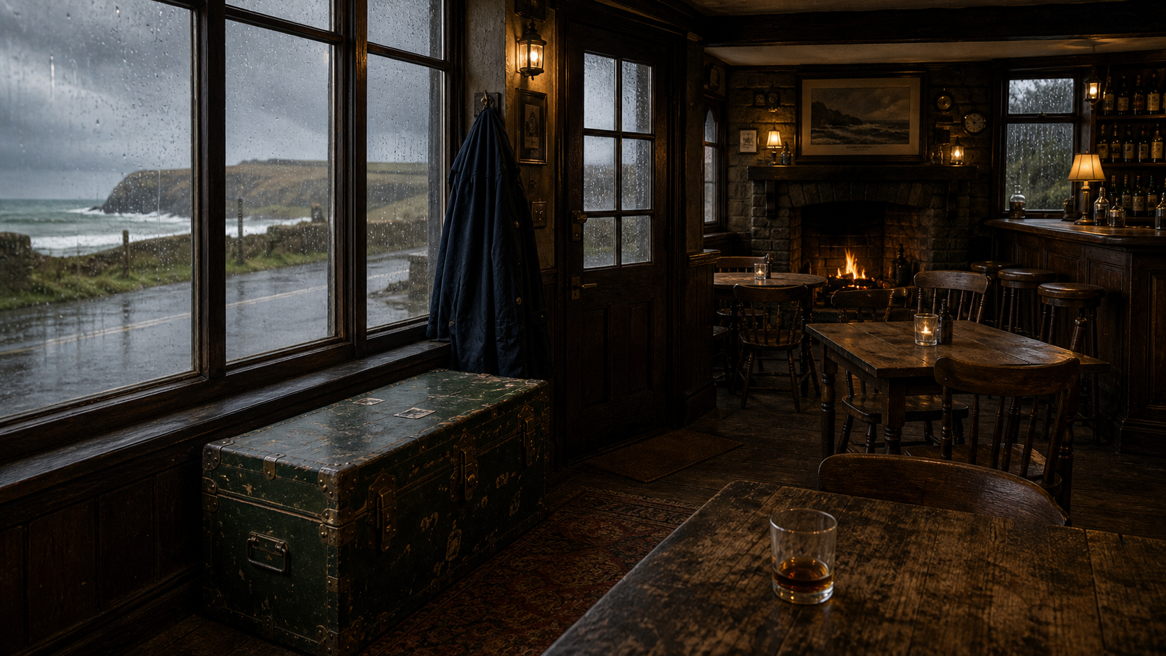 A contemporary coastal inn during a rainstorm