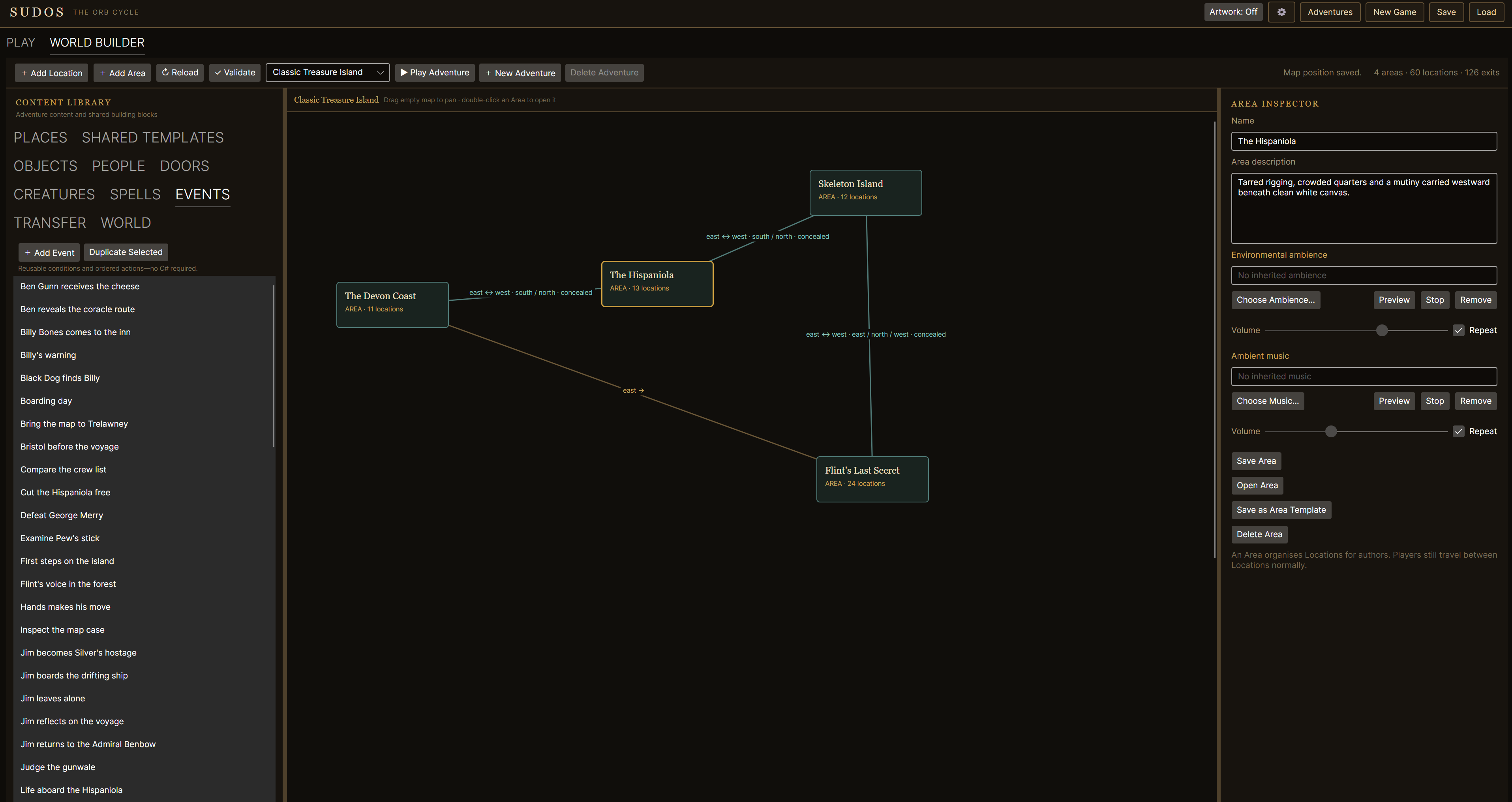 The Sudos World Builder showing an adventure map, content library and area inspector